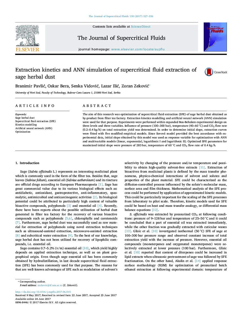 Extraction kinetics and ANN simulation of supercritical fluid extraction of sage herbal dust