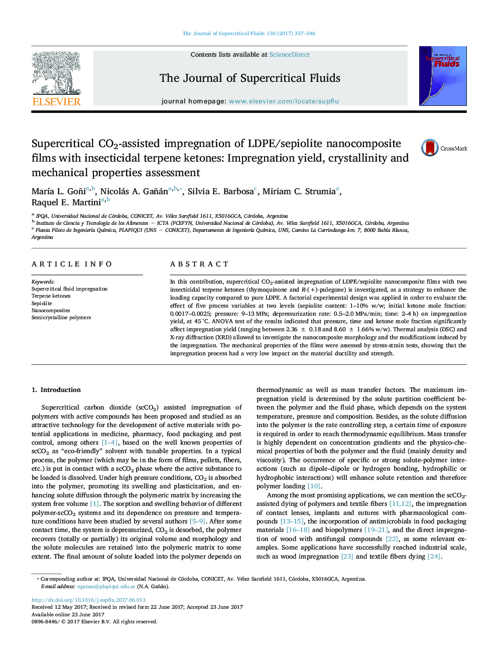 Supercritical CO2-assisted impregnation of LDPE/sepiolite nanocomposite films with insecticidal terpene ketones: Impregnation yield, crystallinity and mechanical properties assessment