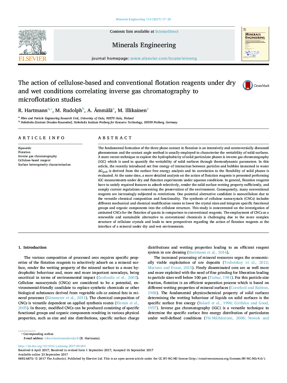 The action of cellulose-based and conventional flotation reagents under dry and wet conditions correlating inverse gas chromatography to microflotation studies