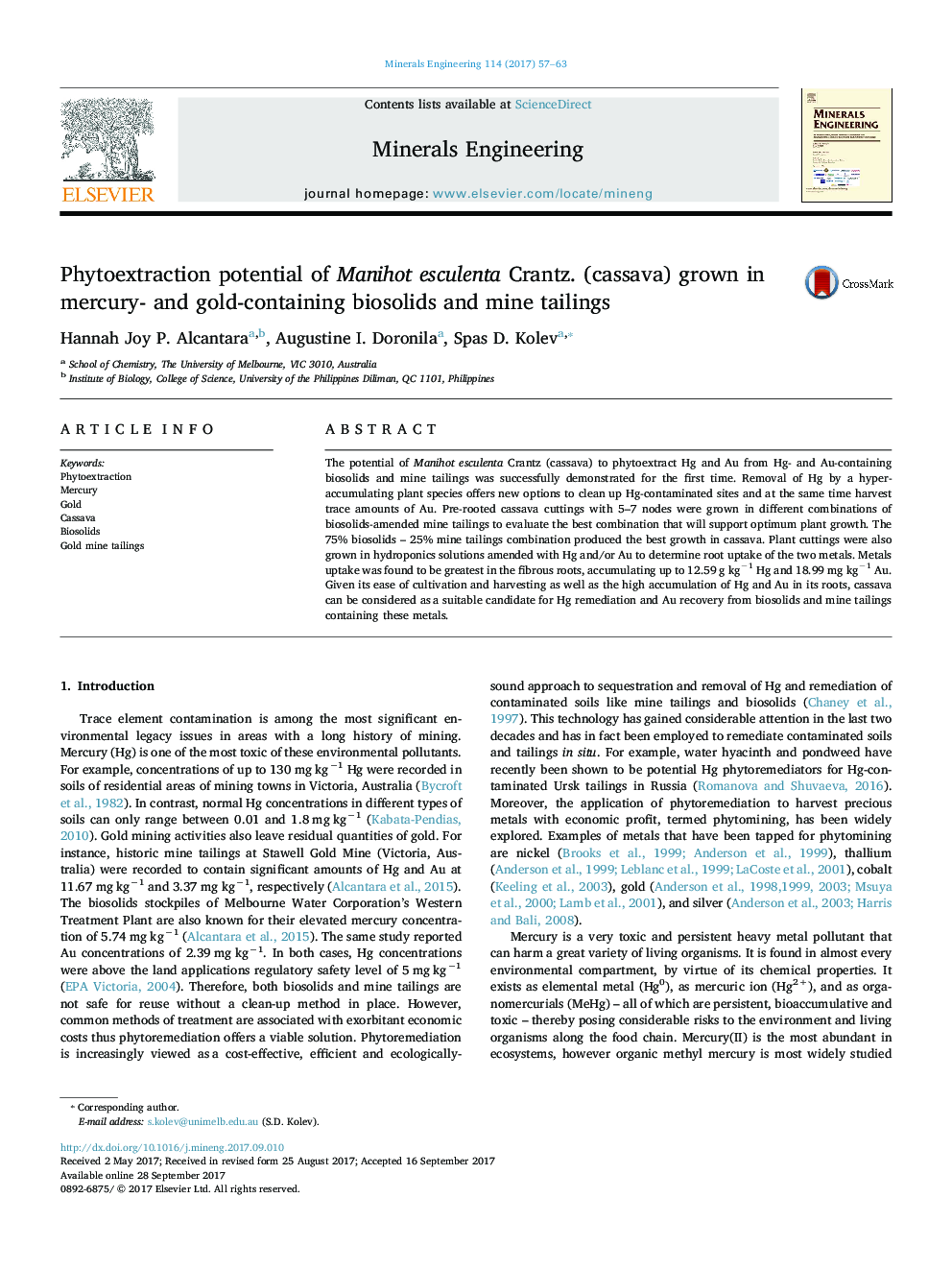 Phytoextraction potential of Manihot esculenta Crantz. (cassava) grown in mercury- and gold-containing biosolids and mine tailings