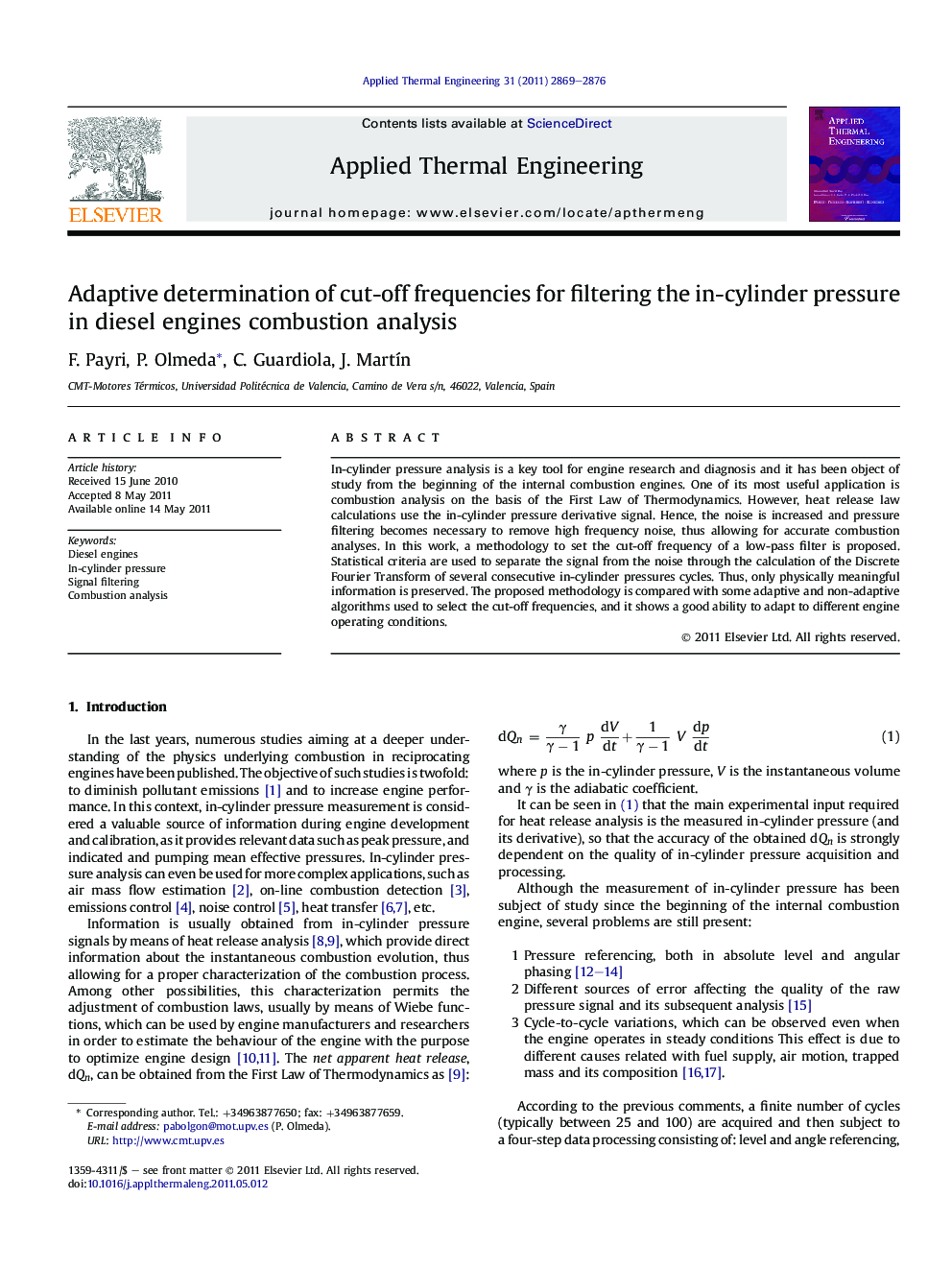 Adaptive determination of cut-off frequencies for filtering the in-cylinder pressure in diesel engines combustion analysis