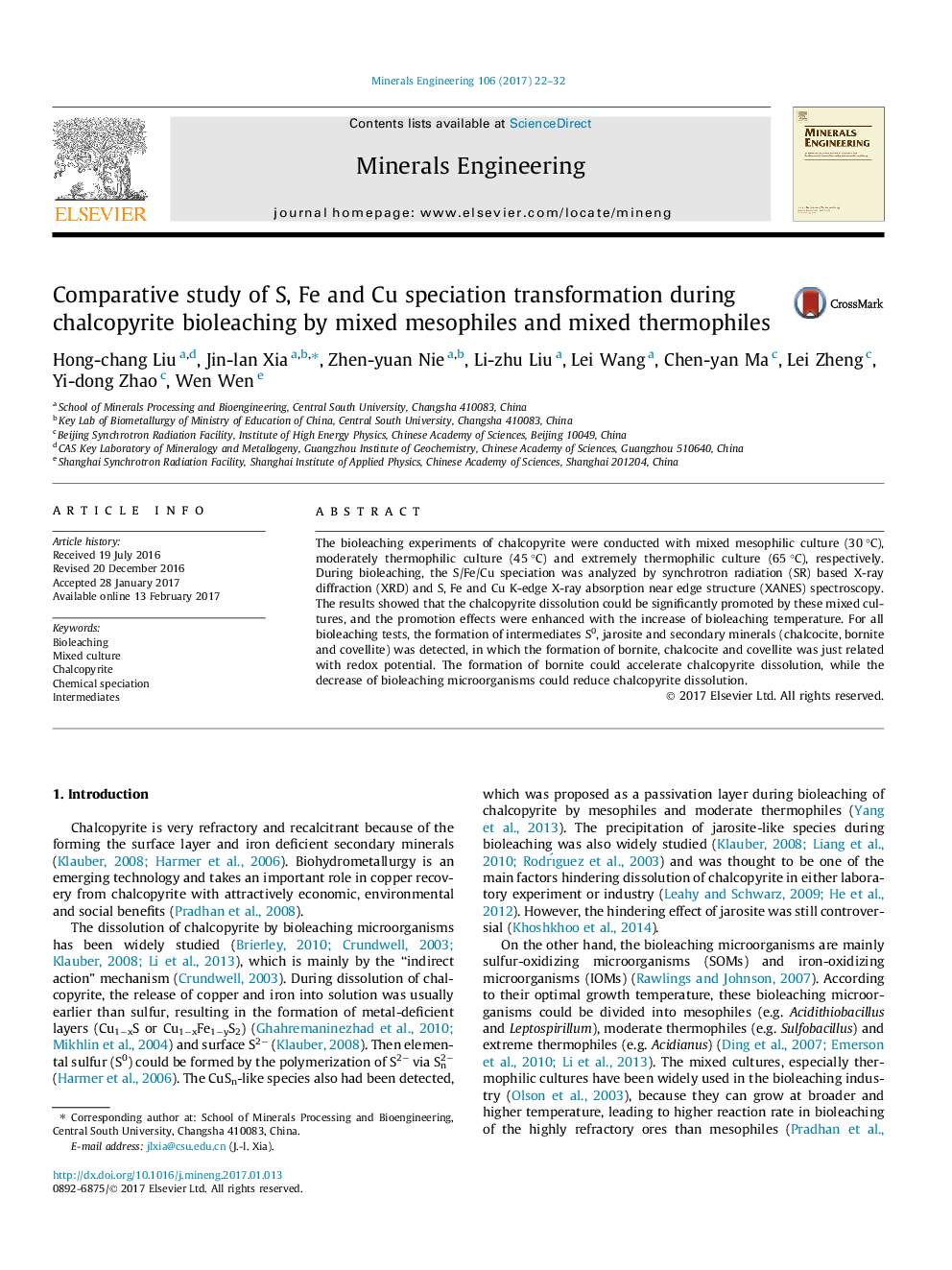 Comparative study of S, Fe and Cu speciation transformation during chalcopyrite bioleaching by mixed mesophiles and mixed thermophiles