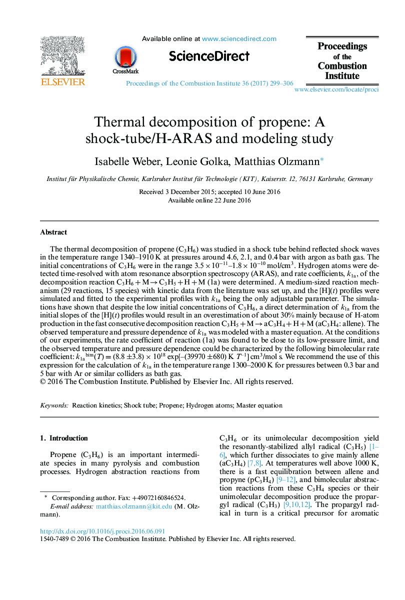 تجزیه حرارتی پروپن: یک لوله شوک / H-ارس و مطالعه مدل سازی