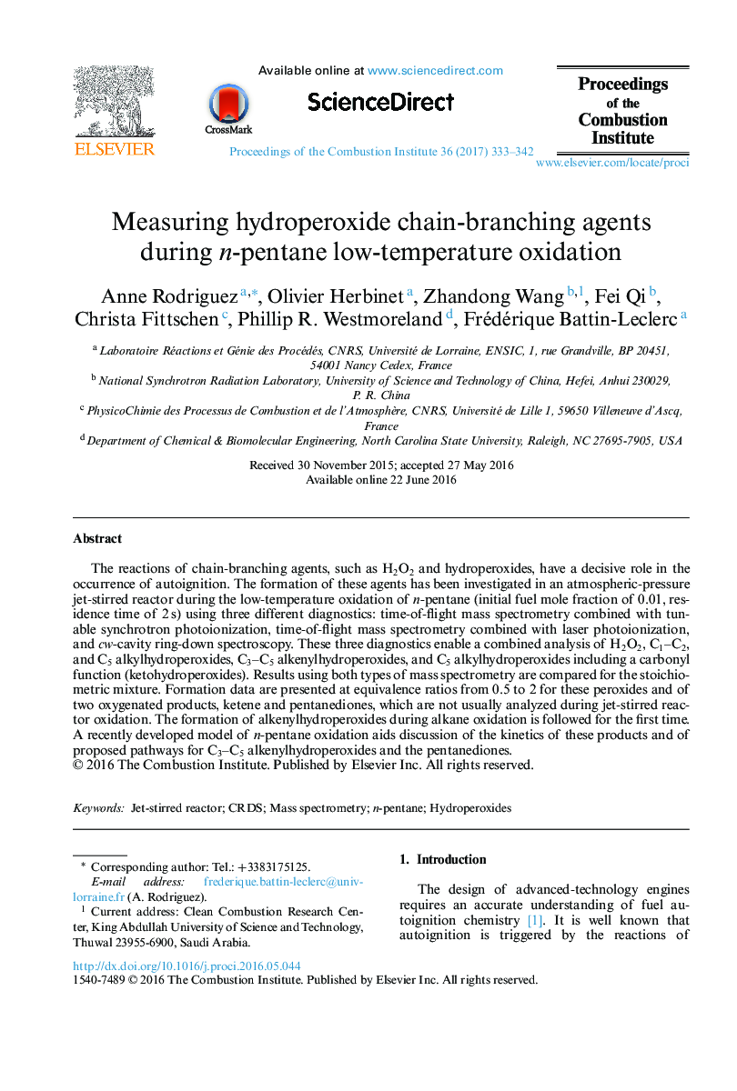 Measuring hydroperoxide chain-branching agents during n-pentane low-temperature oxidation