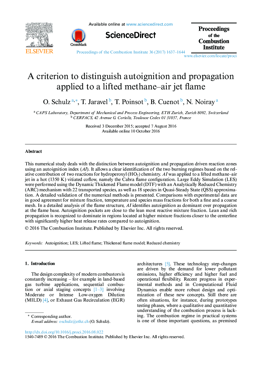 A criterion to distinguish autoignition and propagation applied to a lifted methane–air jet flame