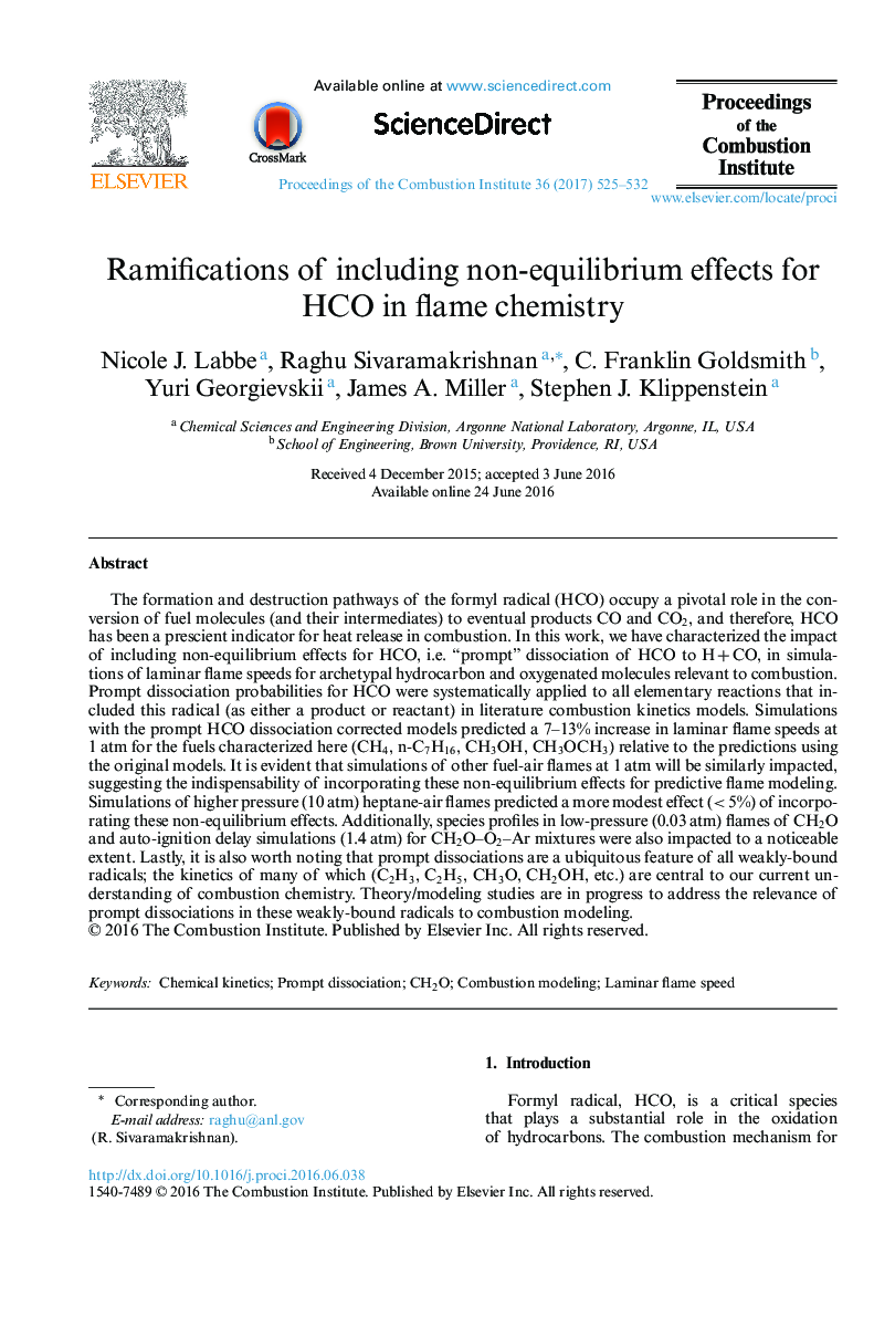 Ramifications of including non-equilibrium effects for HCO in flame chemistry