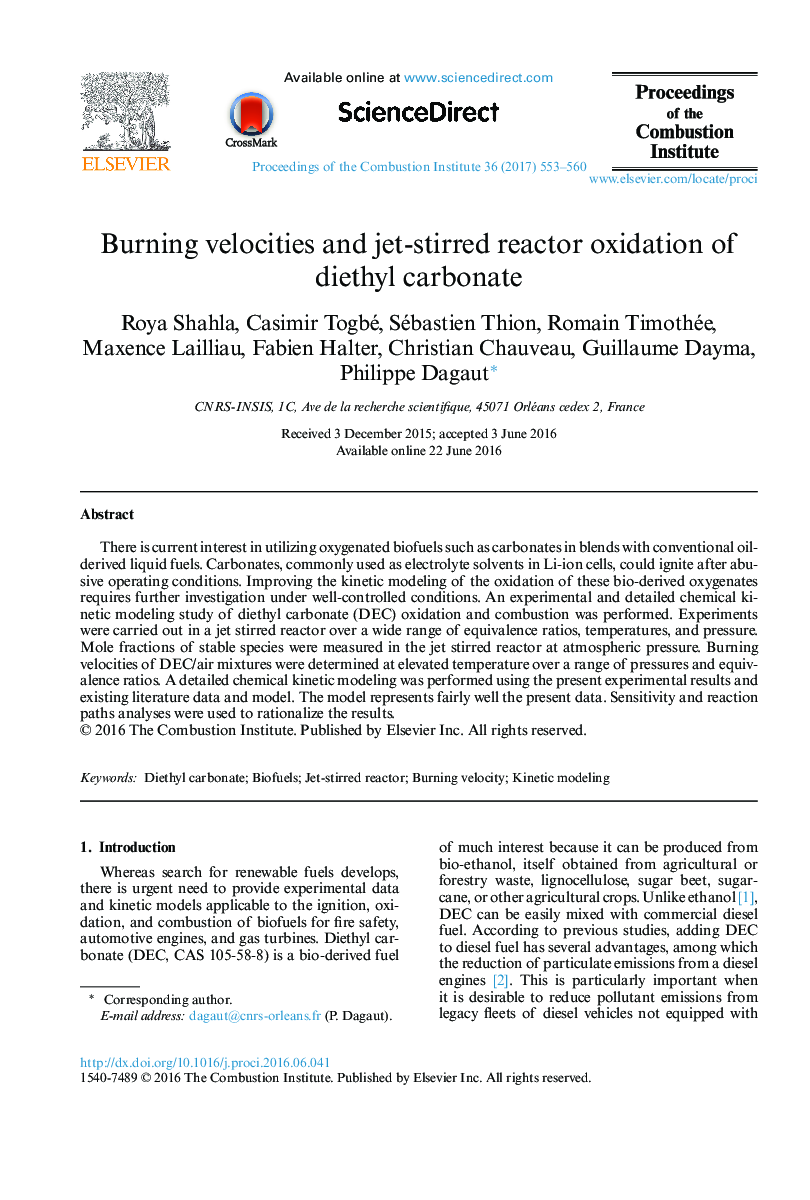 Burning velocities and jet-stirred reactor oxidation of diethyl carbonate