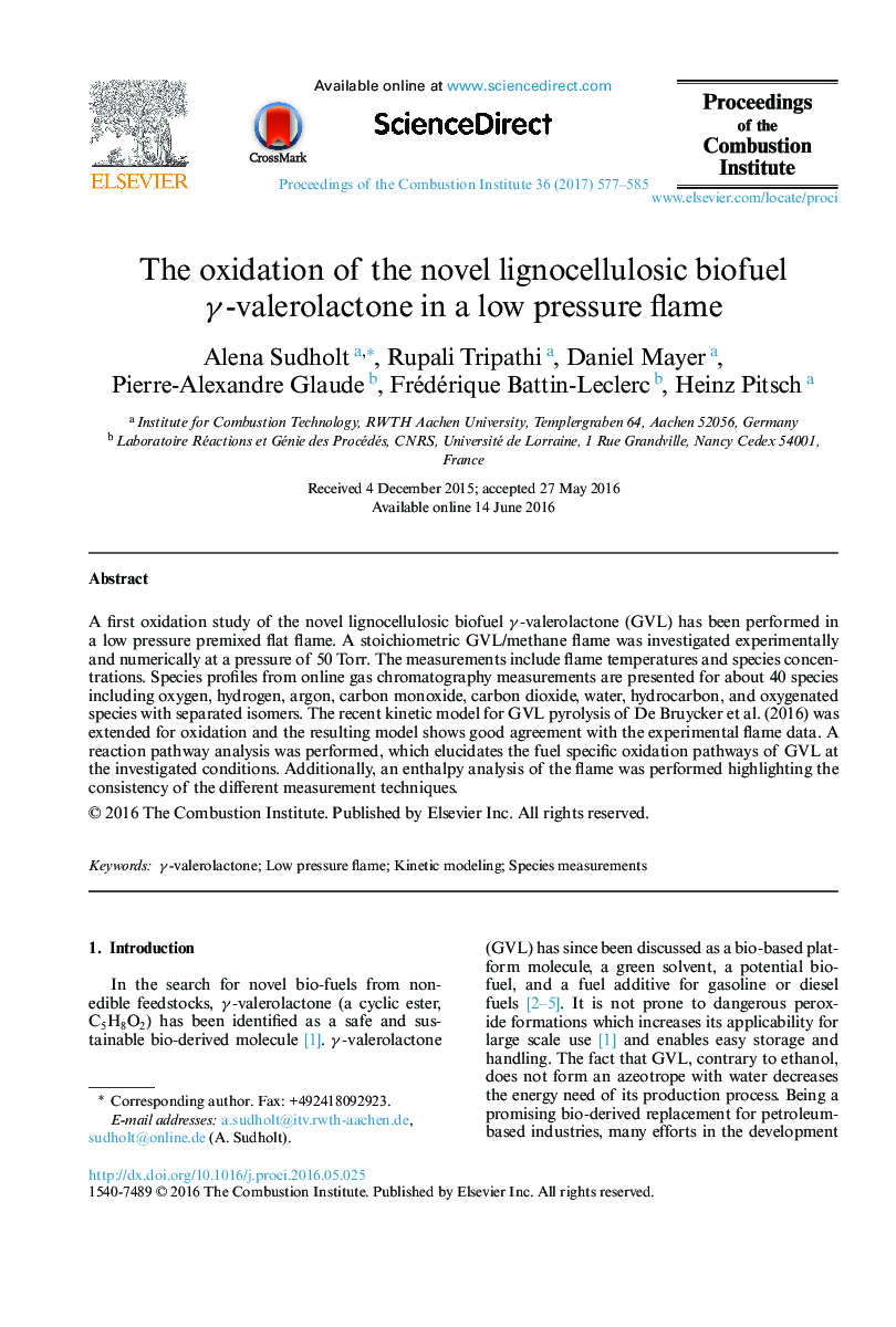 The oxidation of the novel lignocellulosic biofuel Î³-valerolactone in a low pressure flame