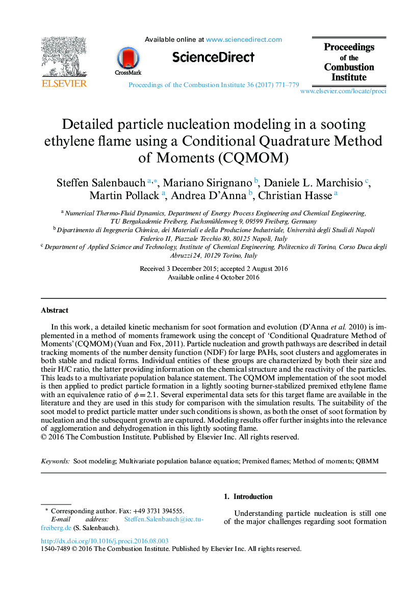 Detailed particle nucleation modeling in a sooting ethylene flame using a Conditional Quadrature Method of Moments (CQMOM)