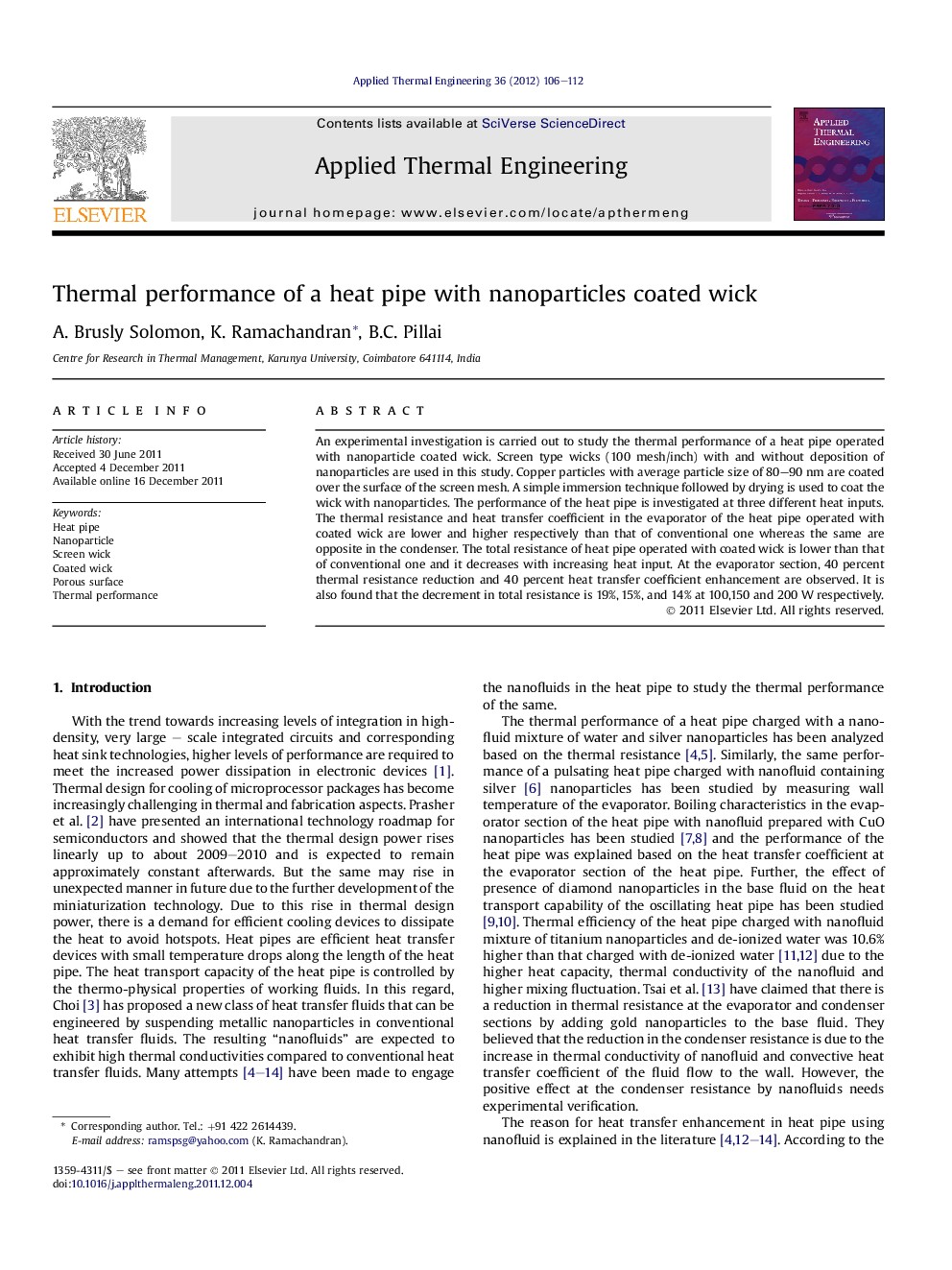 Thermal performance of a heat pipe with nanoparticles coated wick