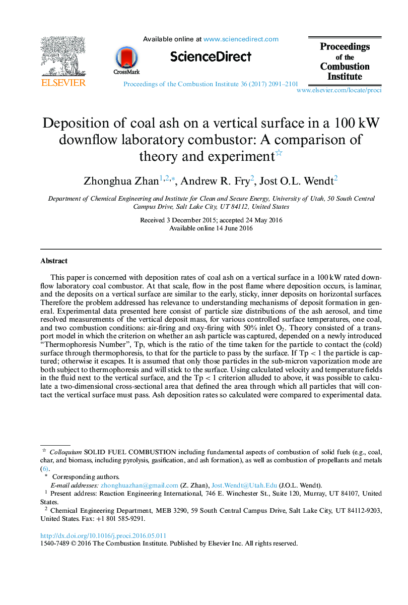 Deposition of coal ash on a vertical surface in a 100 kW downflow laboratory combustor: A comparison of theory and experiment