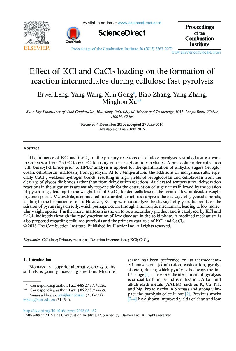 Effect of KCl and CaCl2 loading on the formation of reaction intermediates during cellulose fast pyrolysis