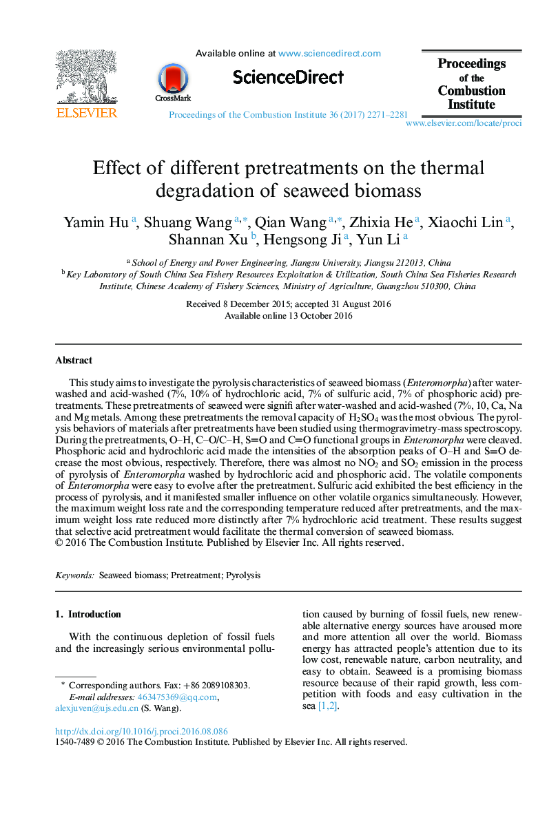 Effect of different pretreatments on the thermal degradation of seaweed biomass