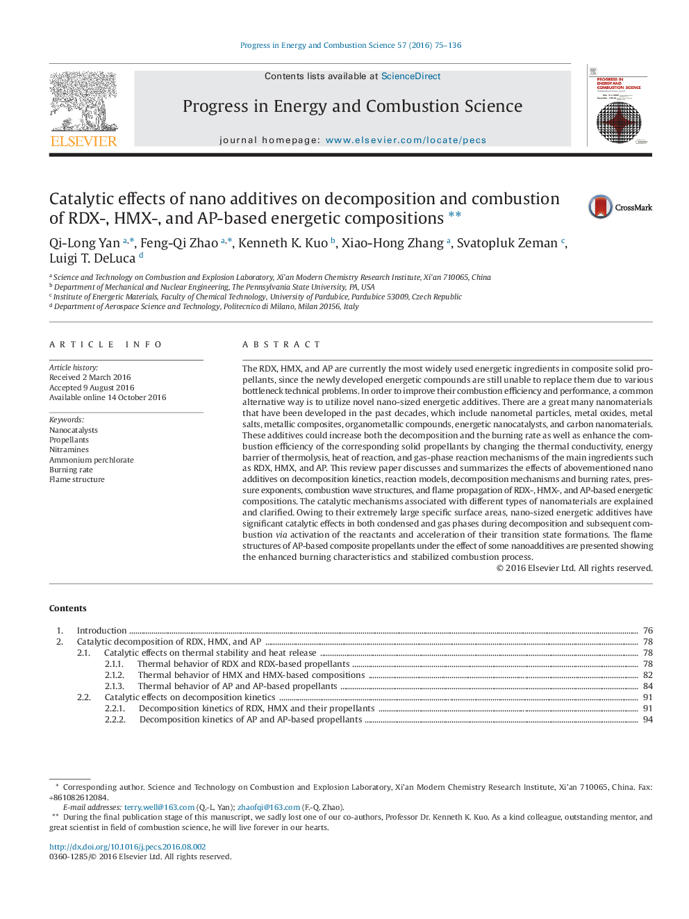 Catalytic effects of nano additives on decomposition and combustion of RDX-, HMX-, and AP-based energetic compositions**