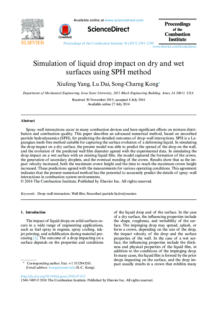 Simulation of liquid drop impact on dry and wet surfaces using SPH method