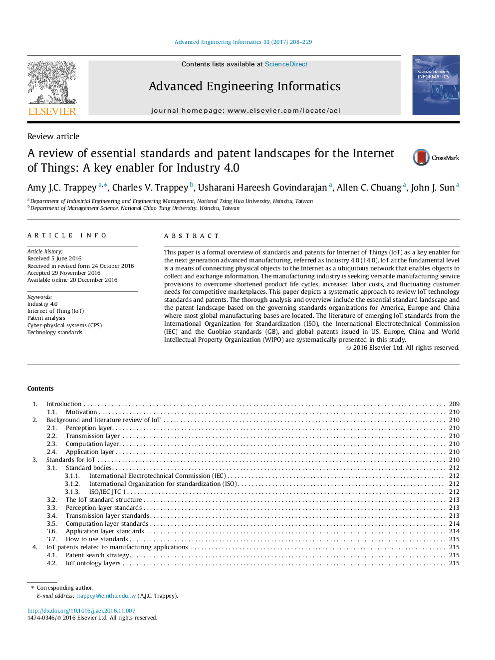 A review of essential standards and patent landscapes for the Internet of Things: A key enabler for Industry 4.0