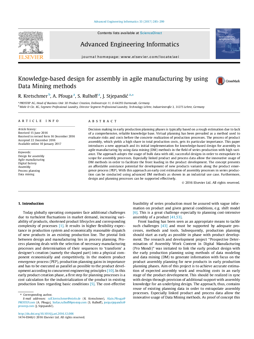 Knowledge-based design for assembly in agile manufacturing by using Data Mining methods