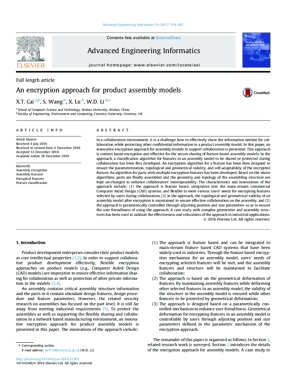 An encryption approach for product assembly models