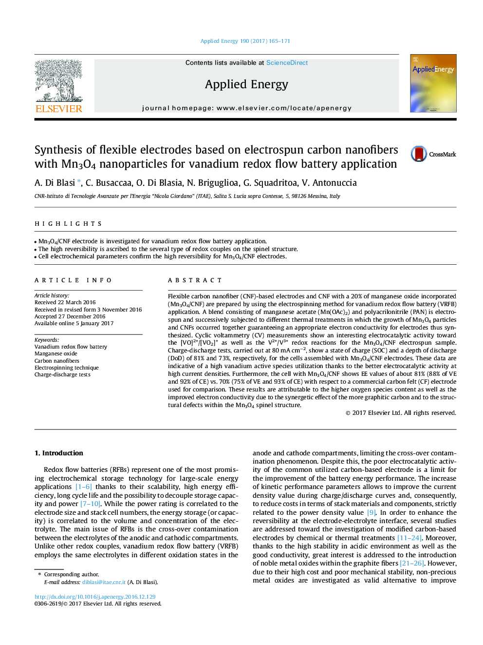 Synthesis of flexible electrodes based on electrospun carbon nanofibers with Mn3O4 nanoparticles for vanadium redox flow battery application