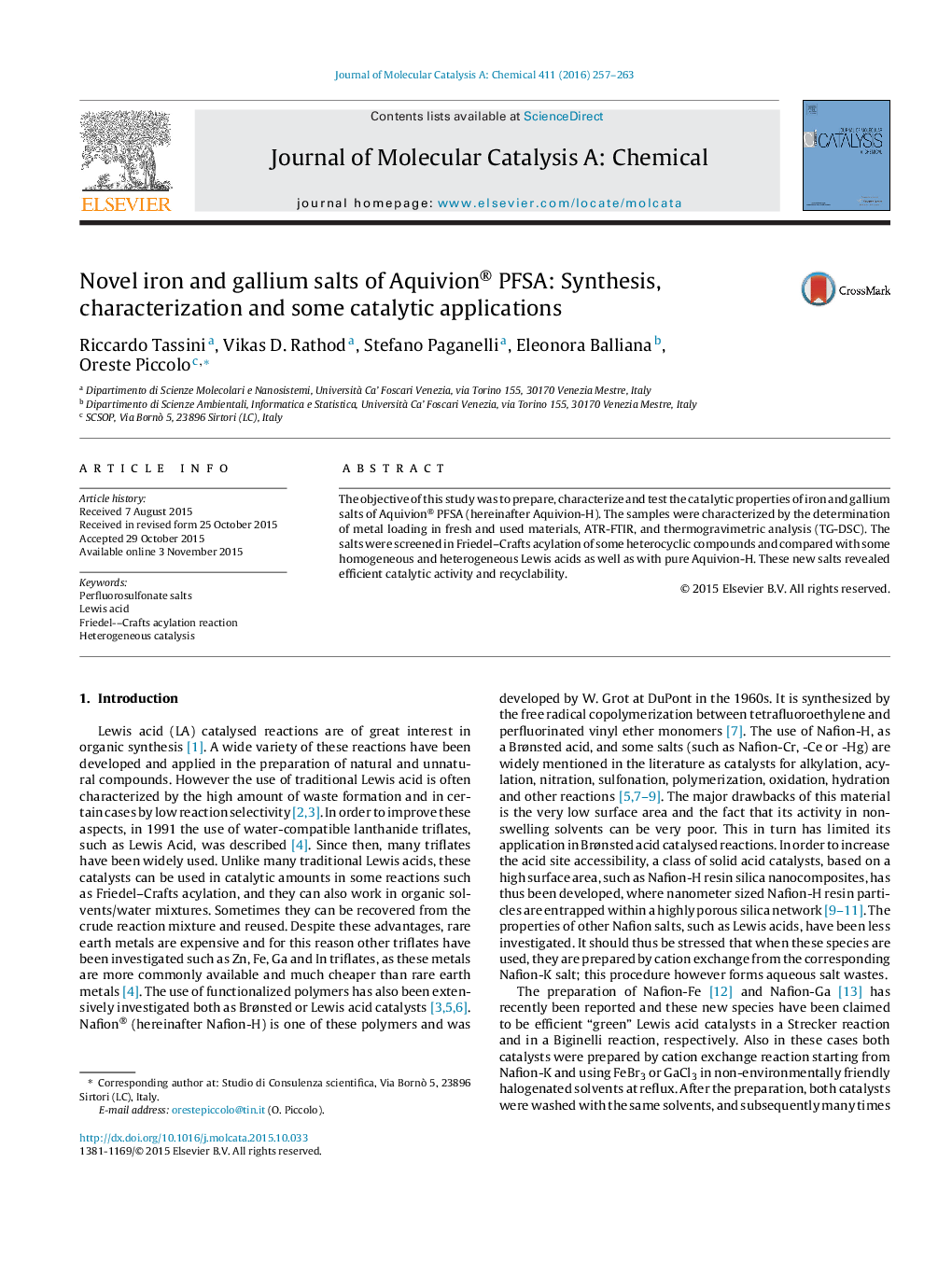 Novel iron and gallium salts of Aquivion® PFSA: Synthesis, characterization and some catalytic applications