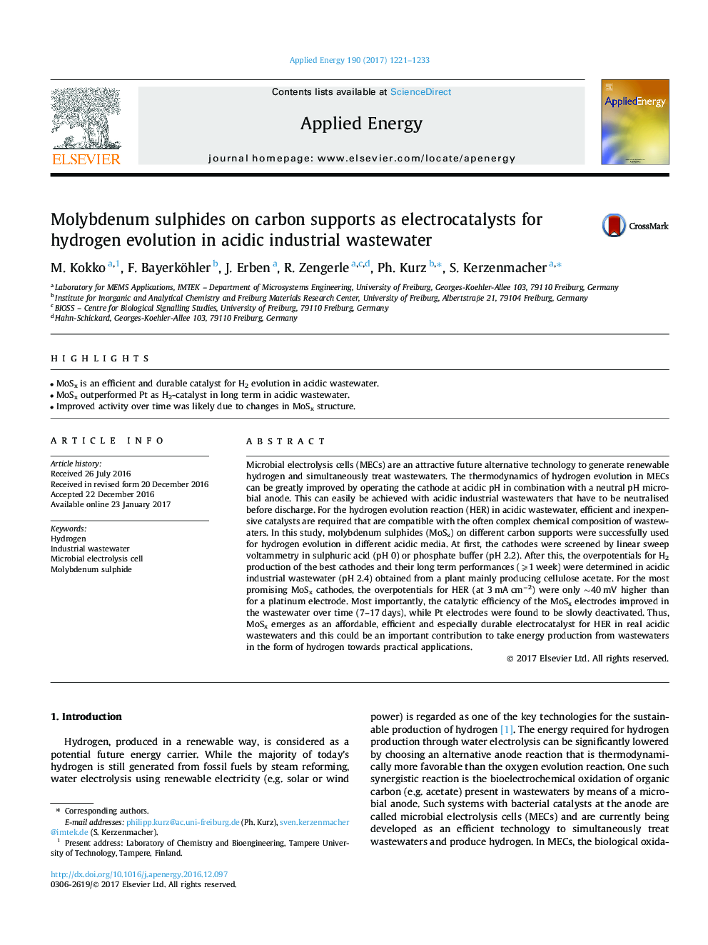 Molybdenum sulphides on carbon supports as electrocatalysts for hydrogen evolution in acidic industrial wastewater