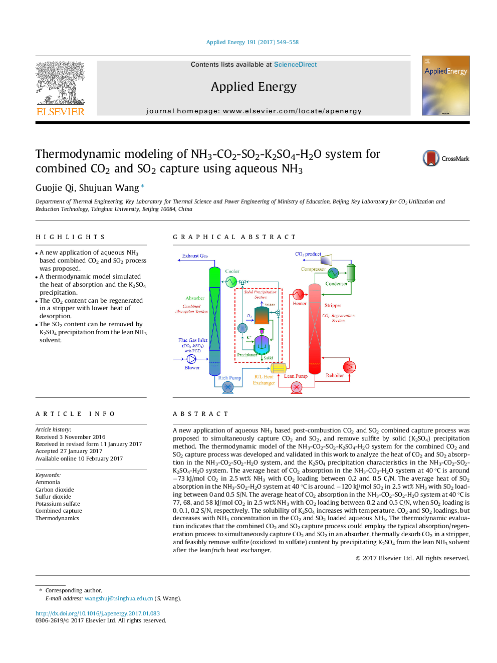 Thermodynamic modeling of NH3-CO2-SO2-K2SO4-H2O system for combined CO2 and SO2 capture using aqueous NH3