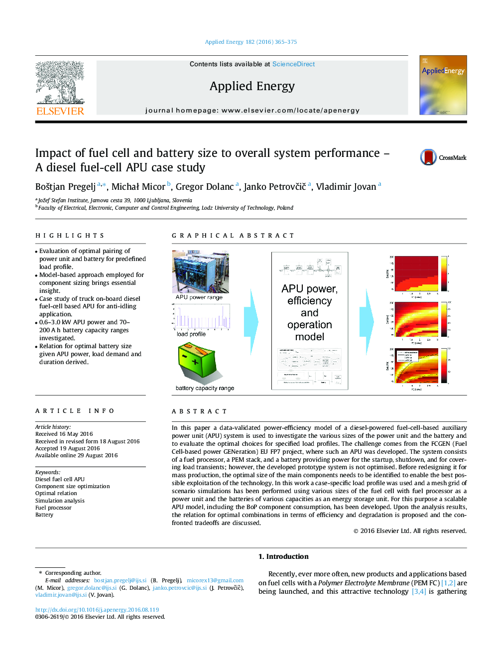 Impact of fuel cell and battery size to overall system performance - A diesel fuel-cell APU case study