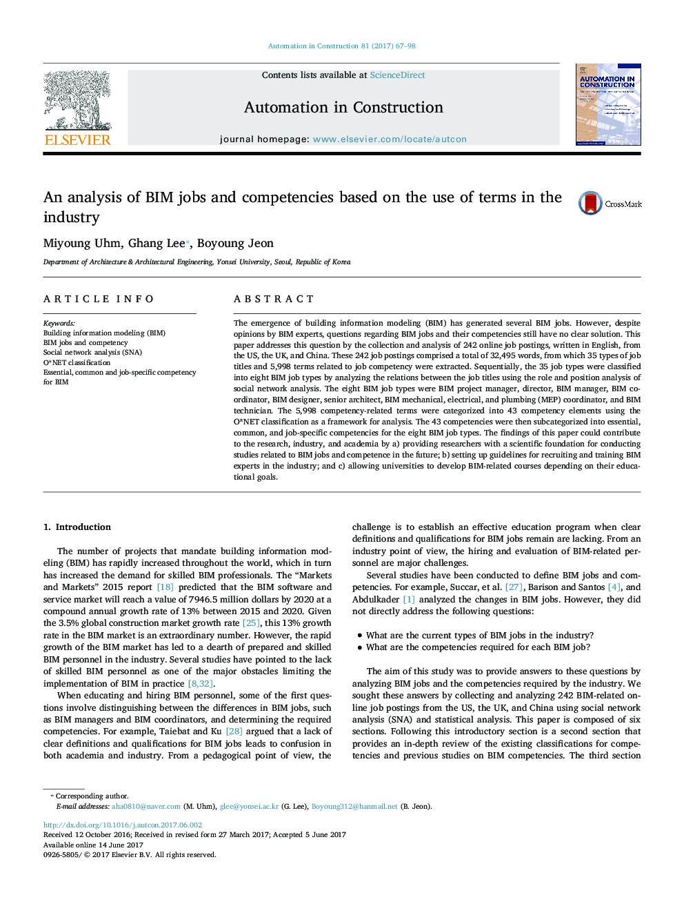 An analysis of BIM jobs and competencies based on the use of terms in the industry