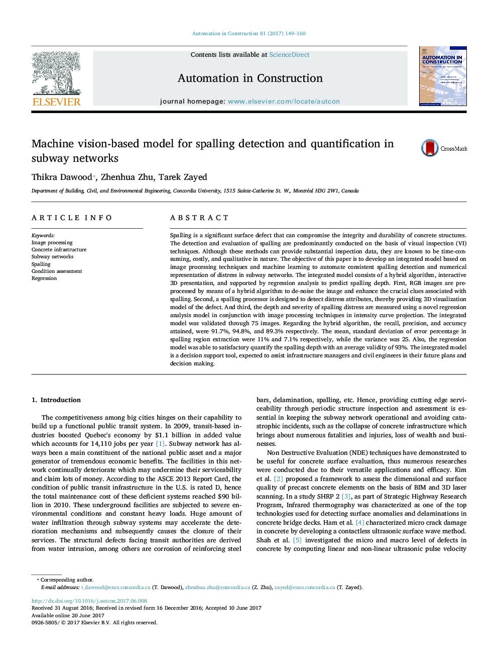 Machine vision-based model for spalling detection and quantification in subway networks