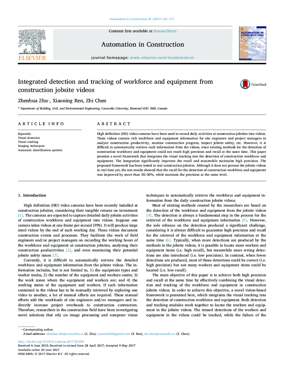 Integrated detection and tracking of workforce and equipment from construction jobsite videos