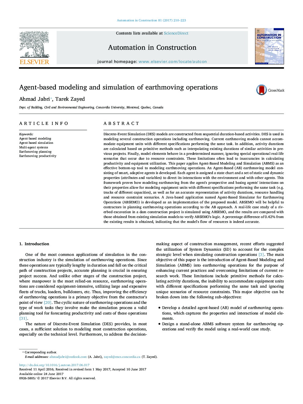 Agent-based modeling and simulation of earthmoving operations