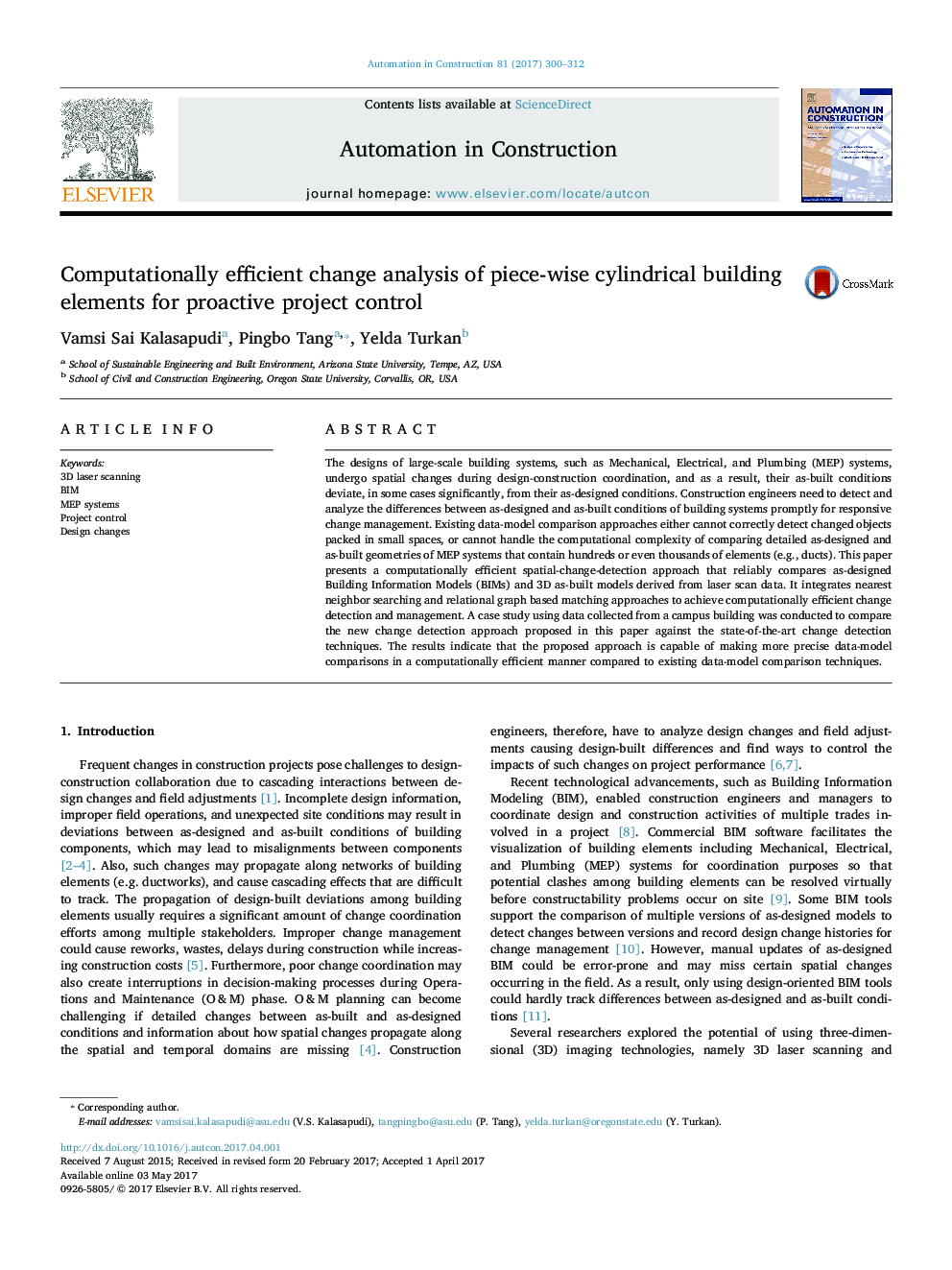 Computationally efficient change analysis of piece-wise cylindrical building elements for proactive project control