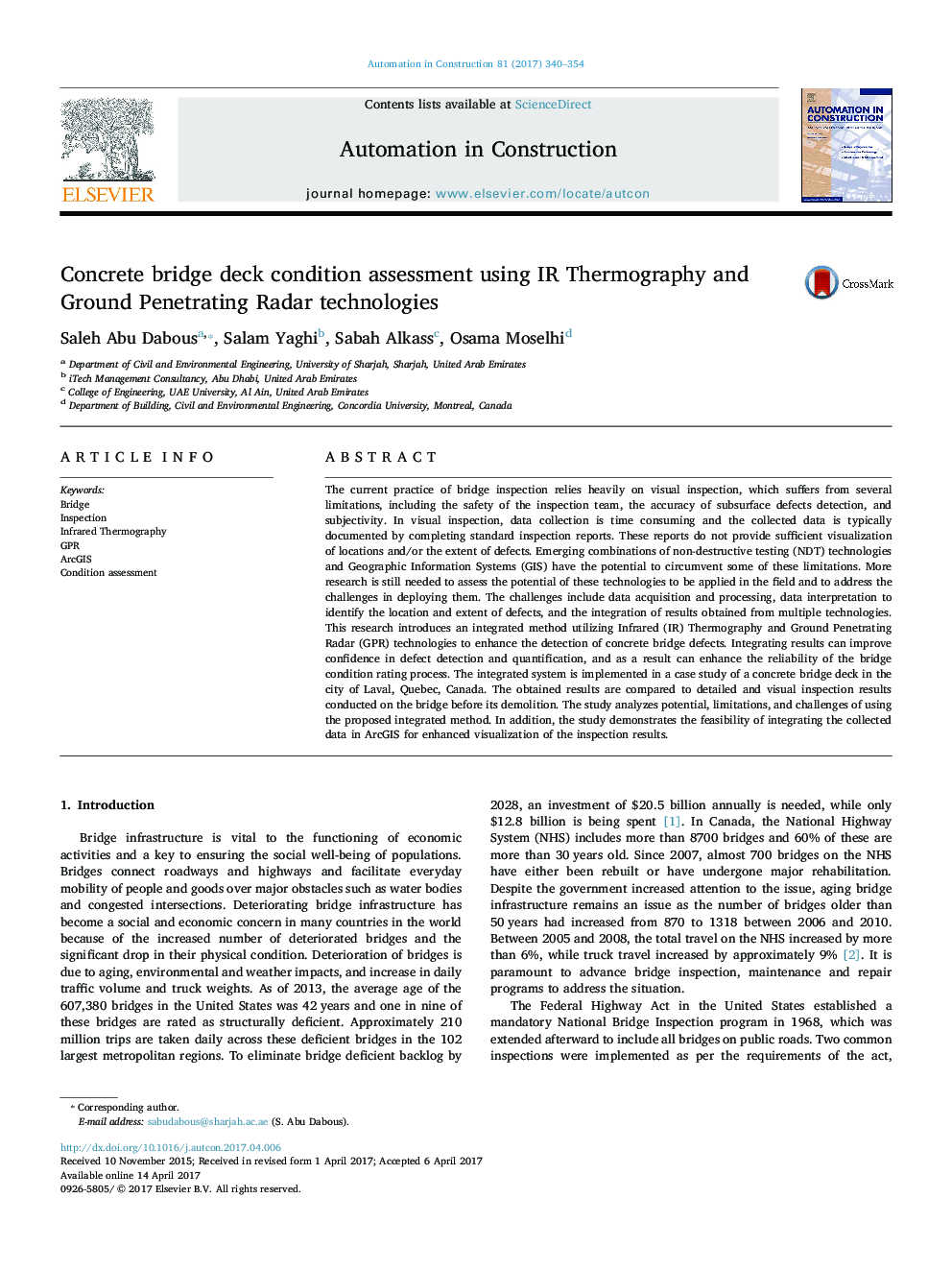 Concrete bridge deck condition assessment using IR Thermography and Ground Penetrating Radar technologies