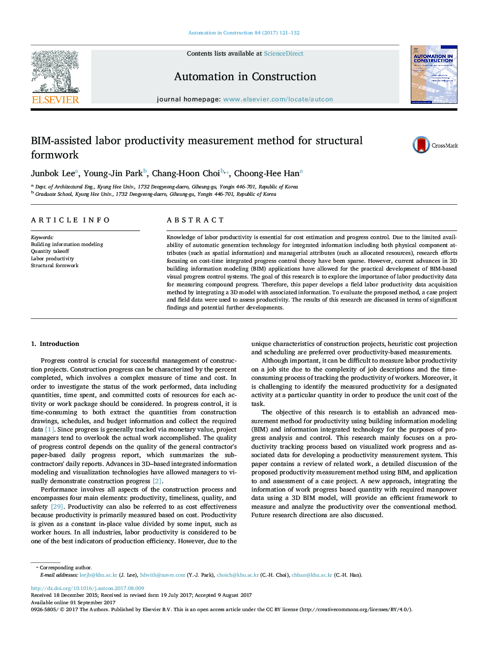 BIM-assisted labor productivity measurement method for structural formwork