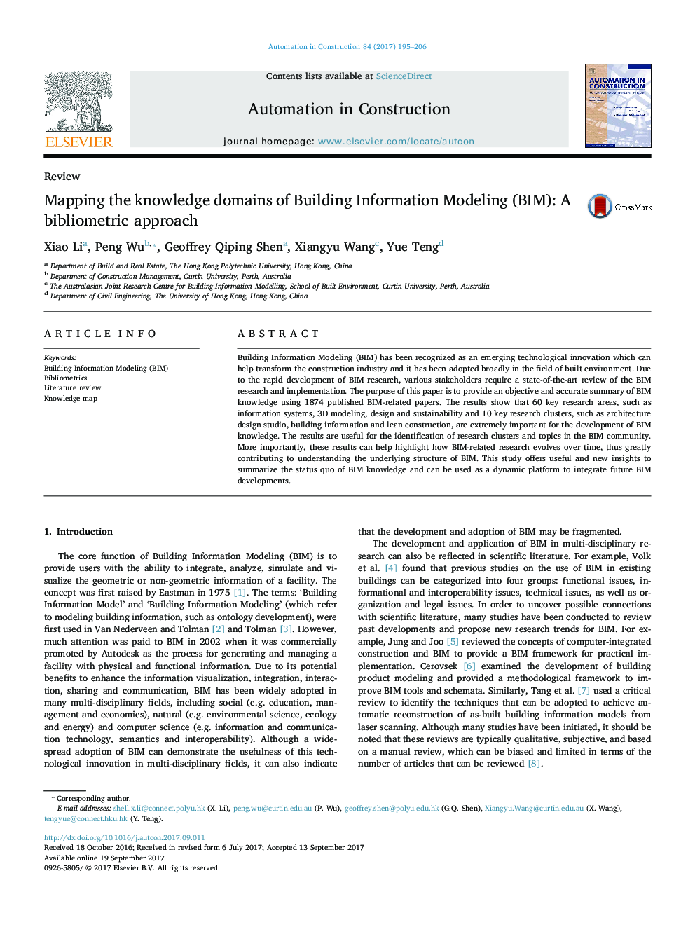 Mapping the knowledge domains of Building Information Modeling (BIM): A bibliometric approach