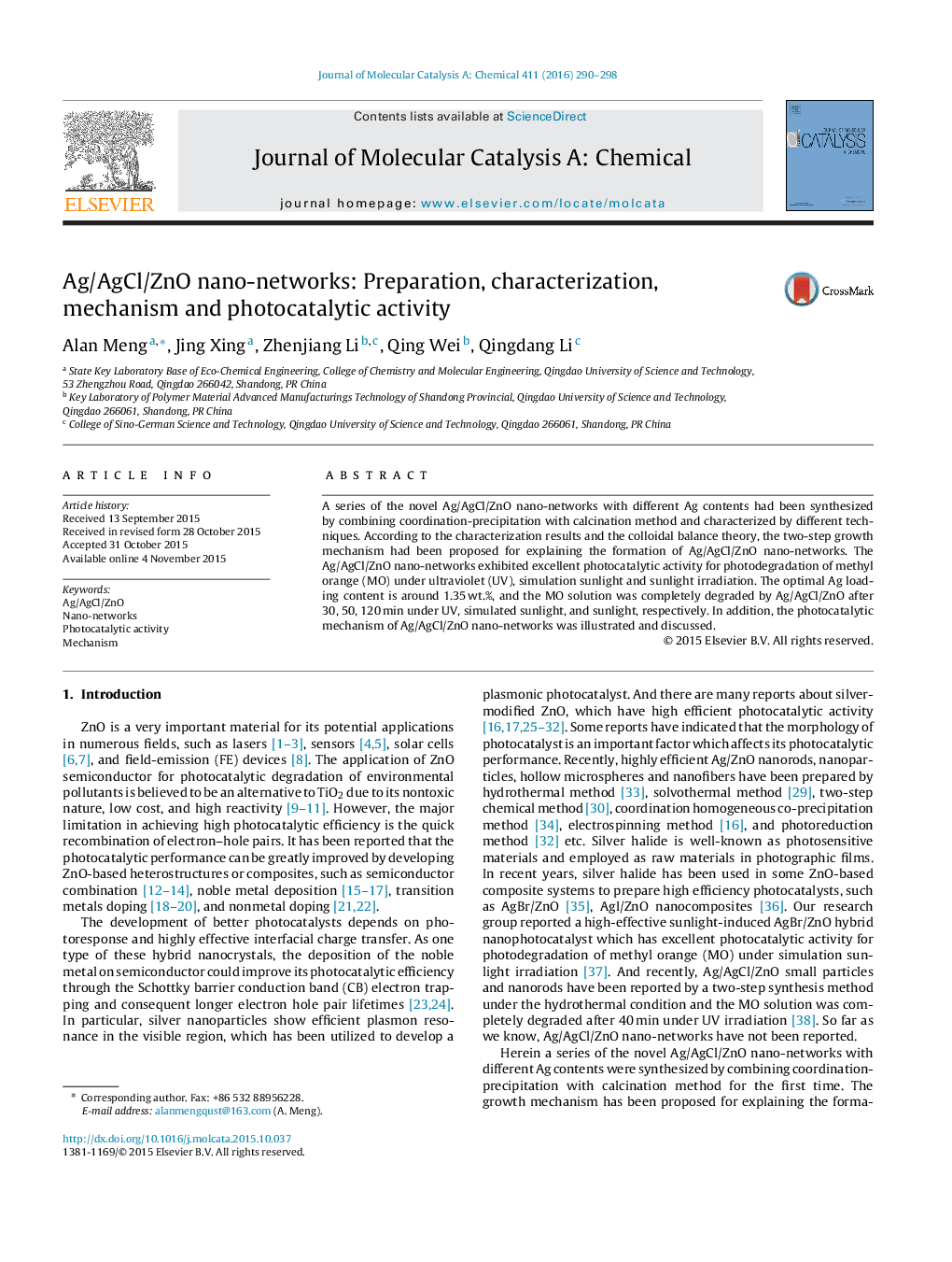 Ag/AgCl/ZnO nano-networks: Preparation, characterization, mechanism and photocatalytic activity