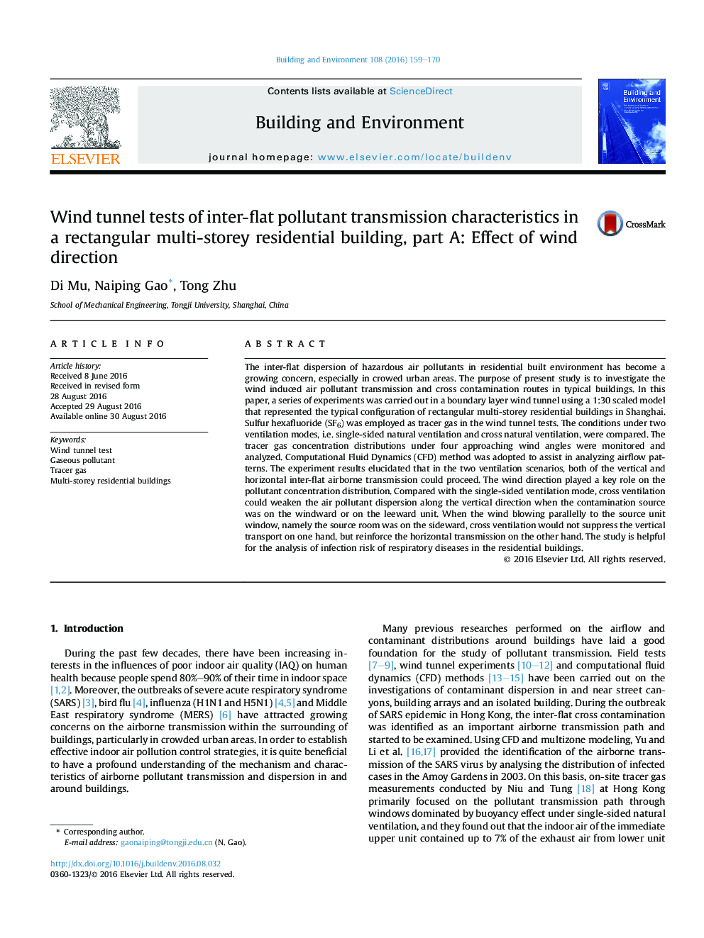 Wind tunnel tests of inter-flat pollutant transmission characteristics in a rectangular multi-storey residential building, part A: Effect of wind direction