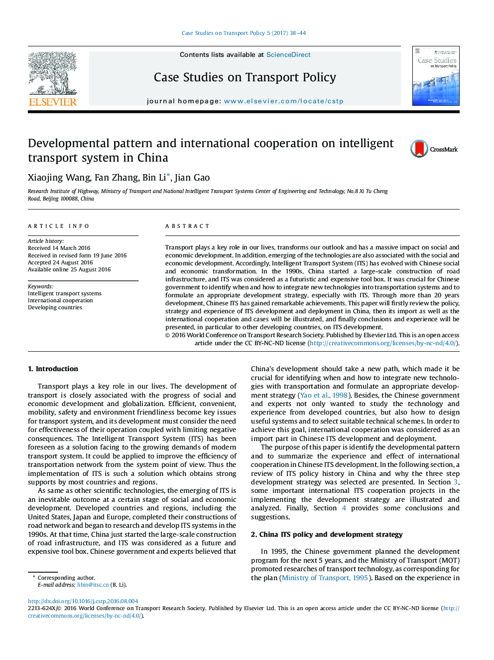 Developmental pattern and international cooperation on intelligent transport system in China