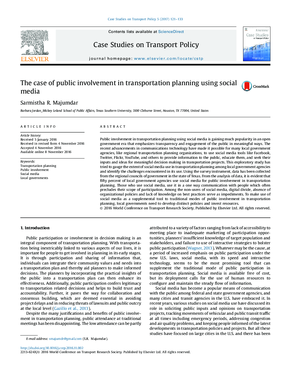 The case of public involvement in transportation planning using social media