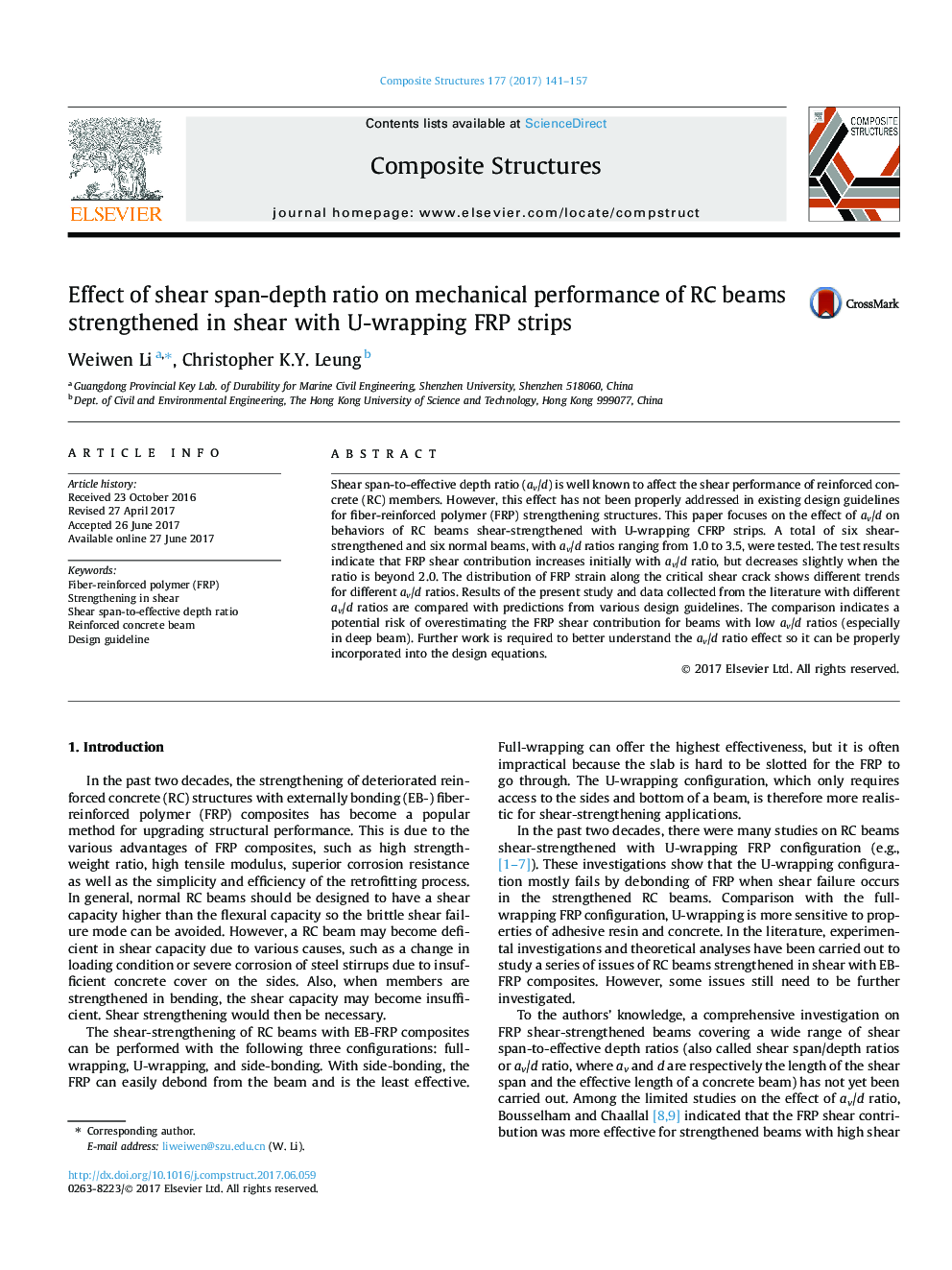 Effect of shear span-depth ratio on mechanical performance of RC beams strengthened in shear with U-wrapping FRP strips