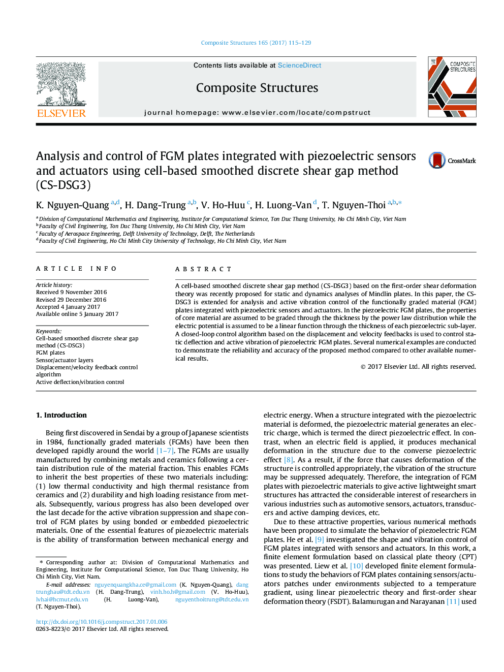 Analysis and control of FGM plates integrated with piezoelectric sensors and actuators using cell-based smoothed discrete shear gap method (CS-DSG3)