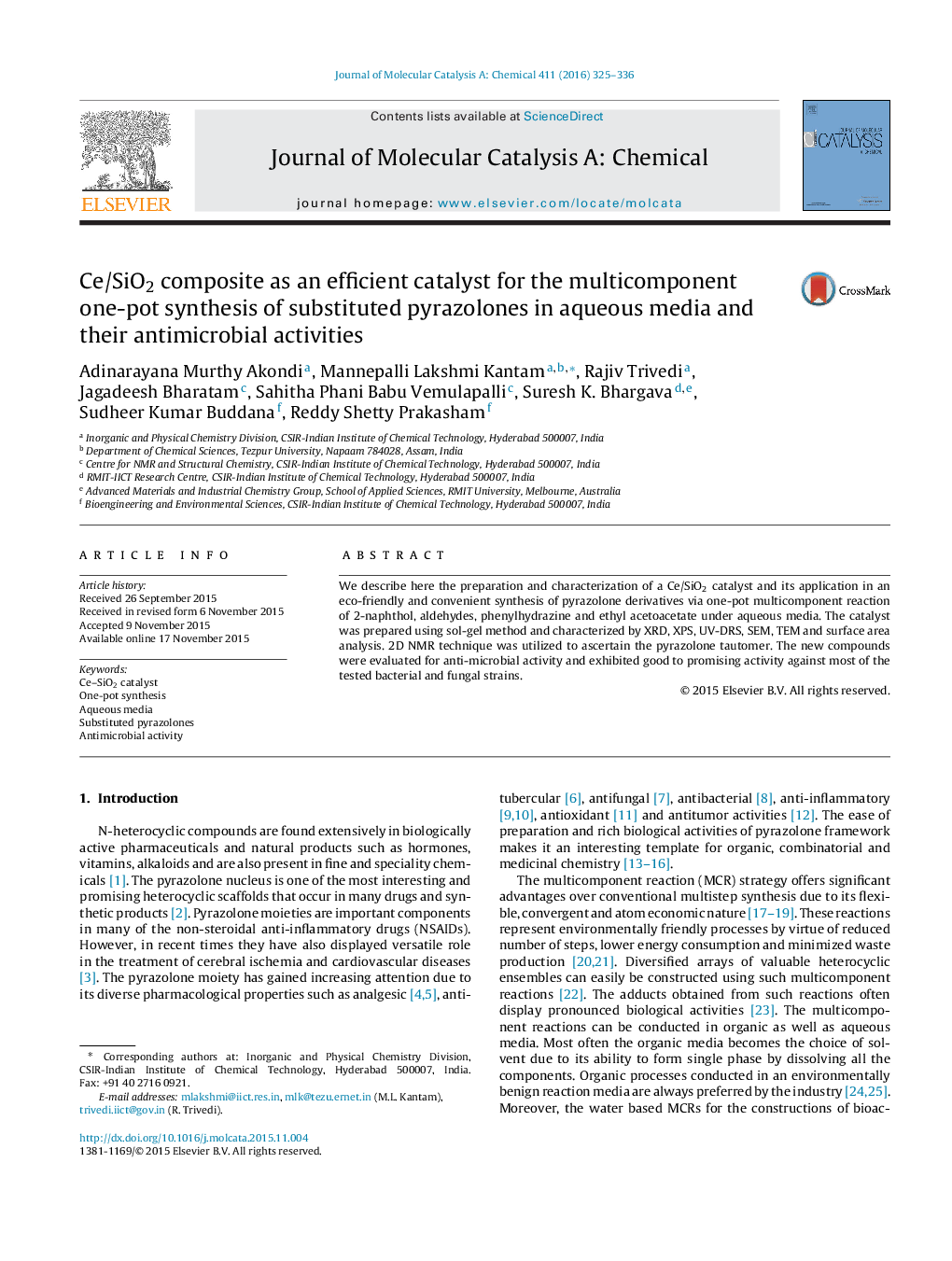 Ce/SiO2 composite as an efficient catalyst for the multicomponent one-pot synthesis of substituted pyrazolones in aqueous media and their antimicrobial activities