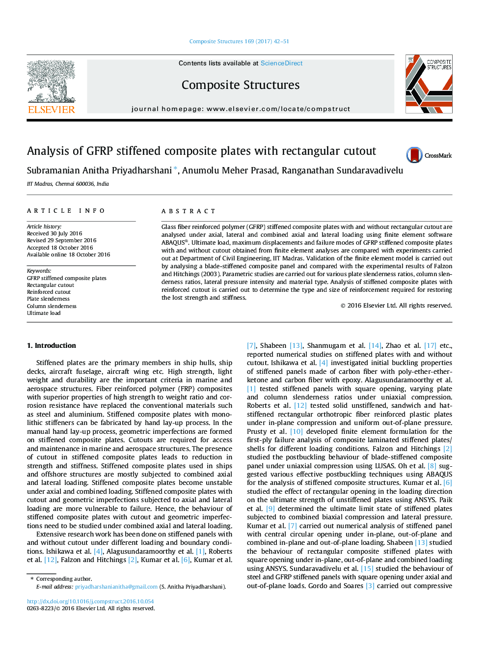 Analysis of GFRP stiffened composite plates with rectangular cutout