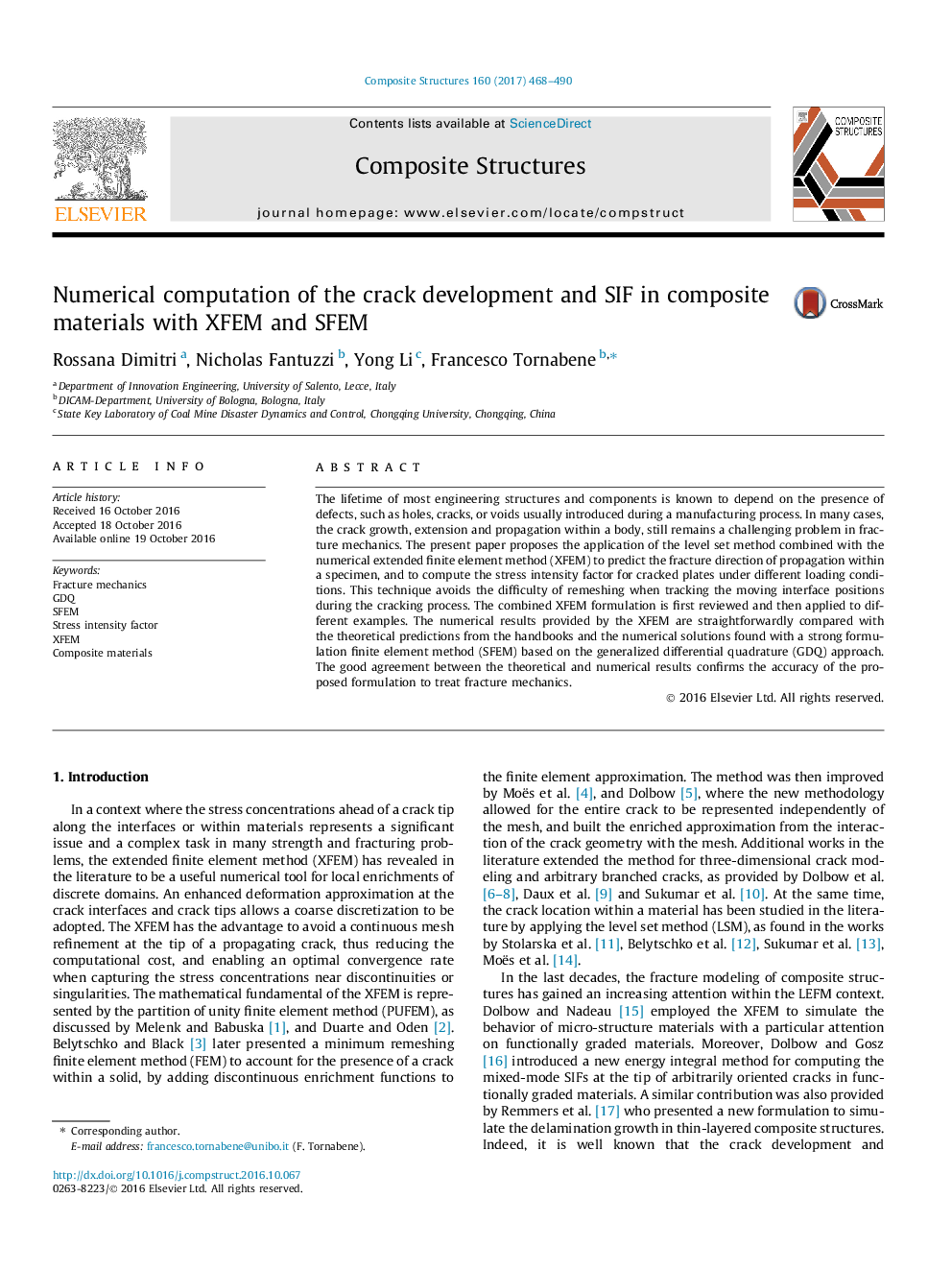 Numerical computation of the crack development and SIF in composite materials with XFEM and SFEM