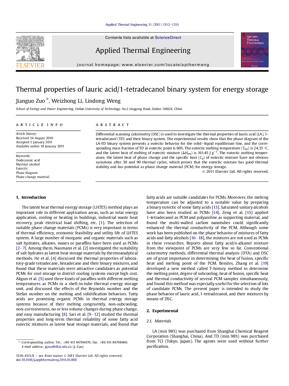 Thermal properties of lauric acid/1-tetradecanol binary system for energy storage