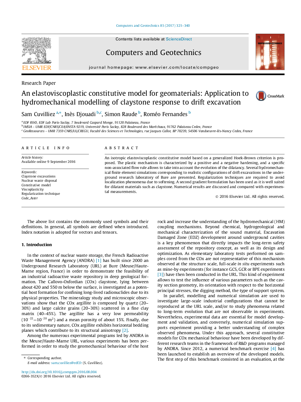 An elastoviscoplastic constitutive model for geomaterials: Application to hydromechanical modelling of claystone response to drift excavation