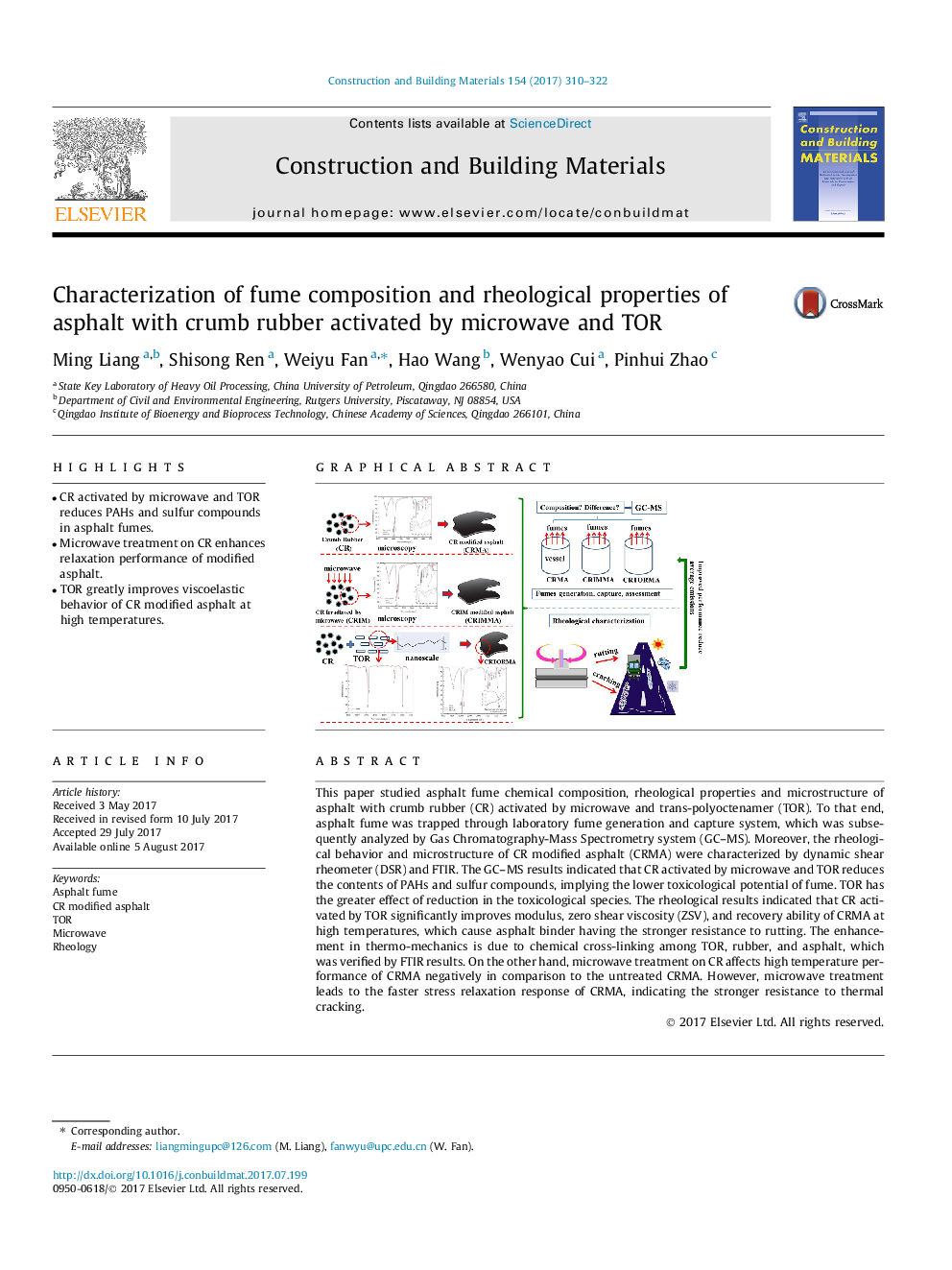 Characterization of fume composition and rheological properties of asphalt with crumb rubber activated by microwave and TOR