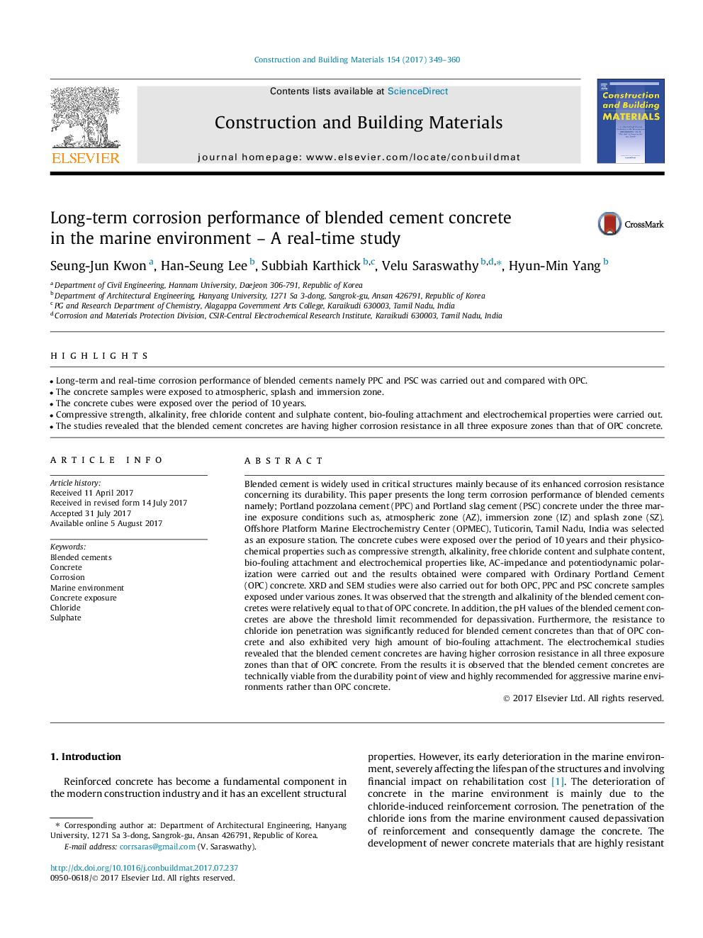 Long-term corrosion performance of blended cement concrete in the marine environment - A real-time study