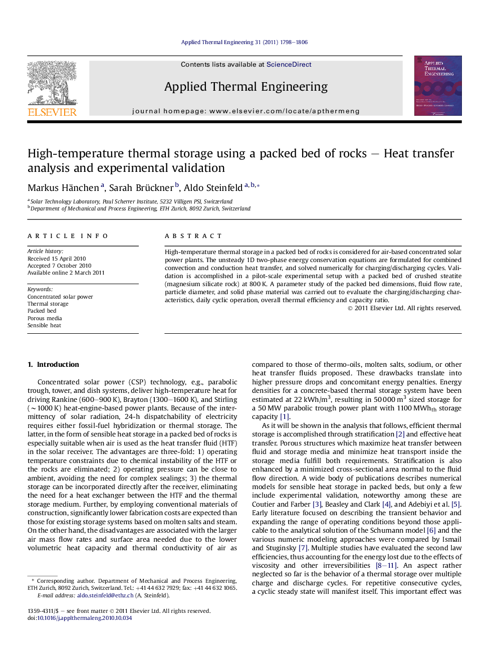 High-temperature thermal storage using a packed bed of rocks – Heat transfer analysis and experimental validation