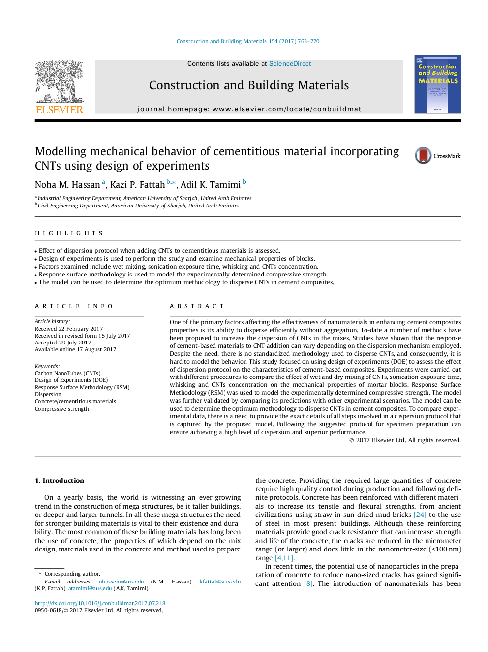 Modelling mechanical behavior of cementitious material incorporating CNTs using design of experiments